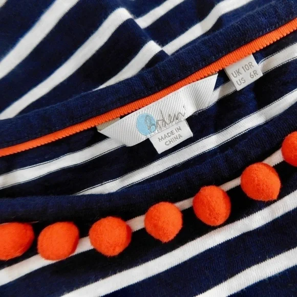 BODEN Bridget Jersey Knit Dress Navy White Stripe Red Pom Poms Shift Size 6 - Picture 13 of 16